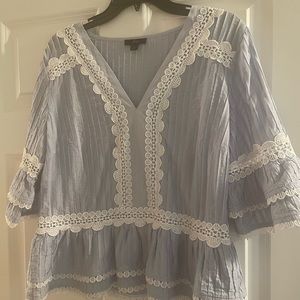 Women’s J Crew light blue blouse with white lace fringe
